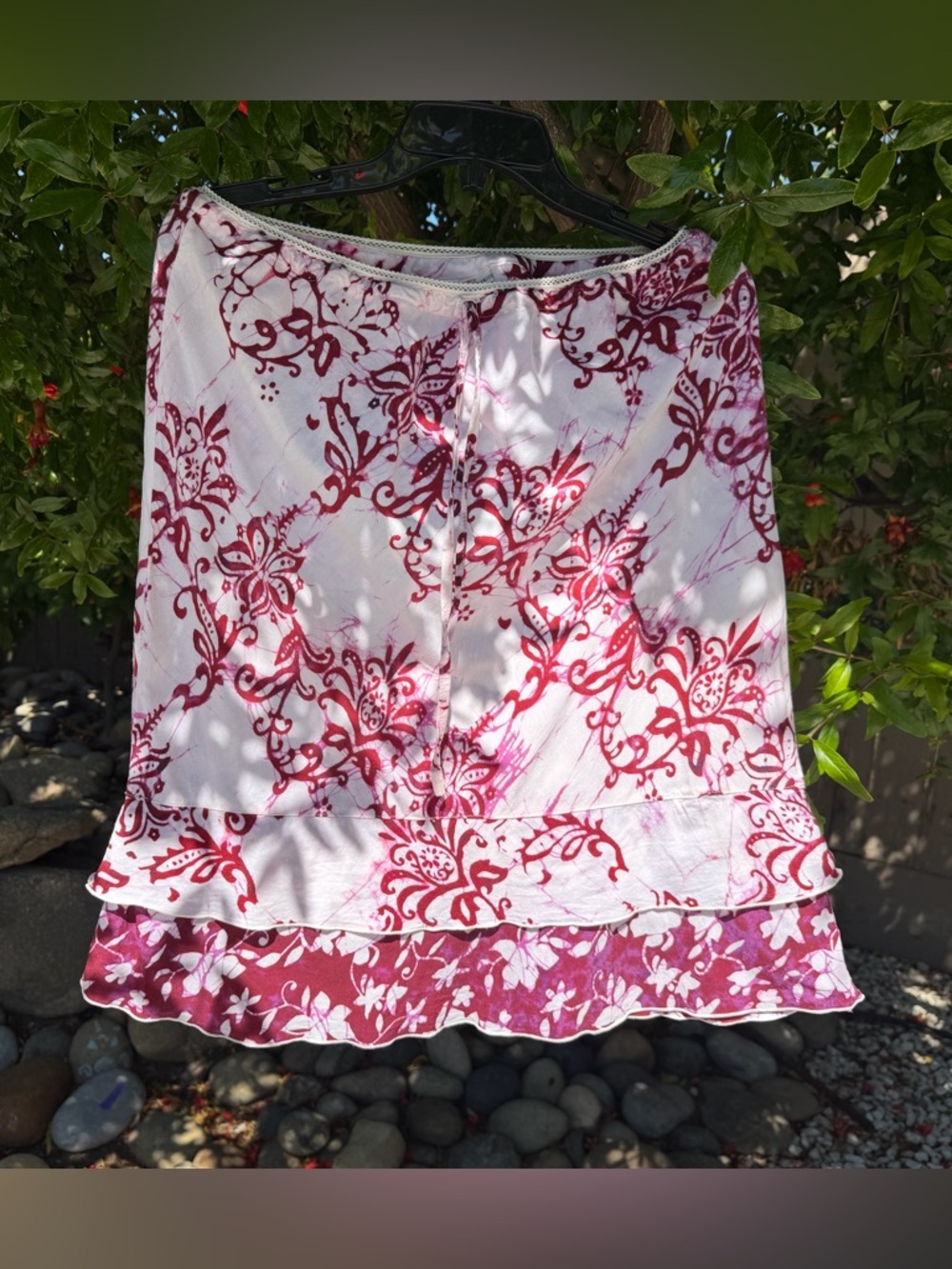 White and Red Floral Boho Tiered Skirt light summery comfy  gently used